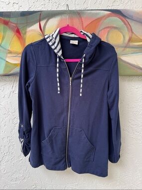 Striped-Lined Navy Zip-Front Utility Hoodie Jacket